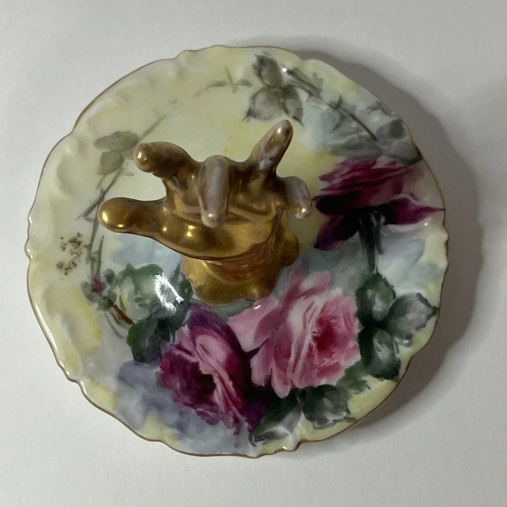 Vintage Limoges France Porcelain Ring Holder Gold Hand Floral Dish C.H. Snyder